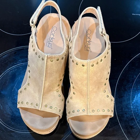 Corkys Carley Tan Studded Wedge Sandals - Picture 3 of 9